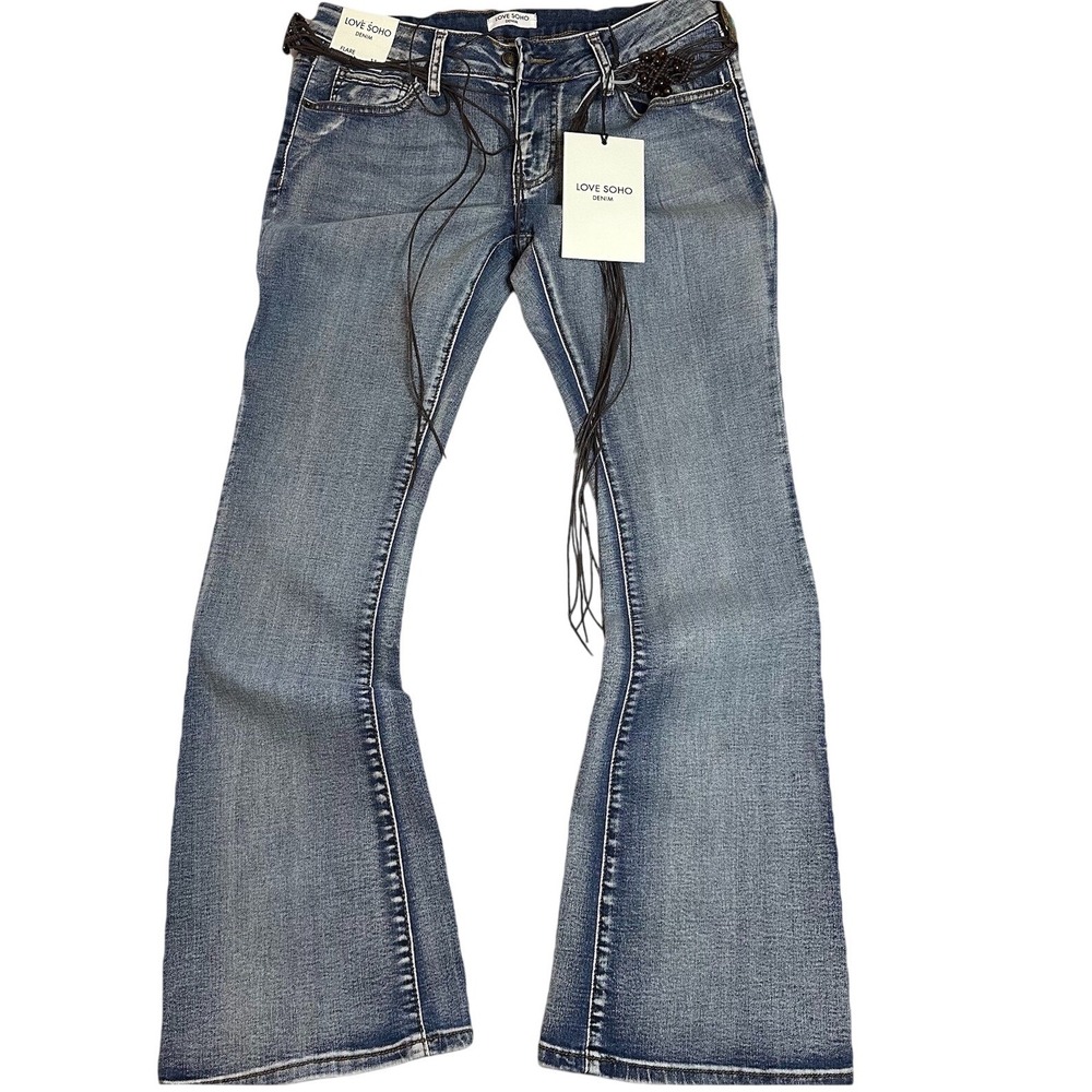 LOVE SOHO DENIM Flare Jeans Womens Size 11 Blue Wash Y2K Boho Rope Belt NWT